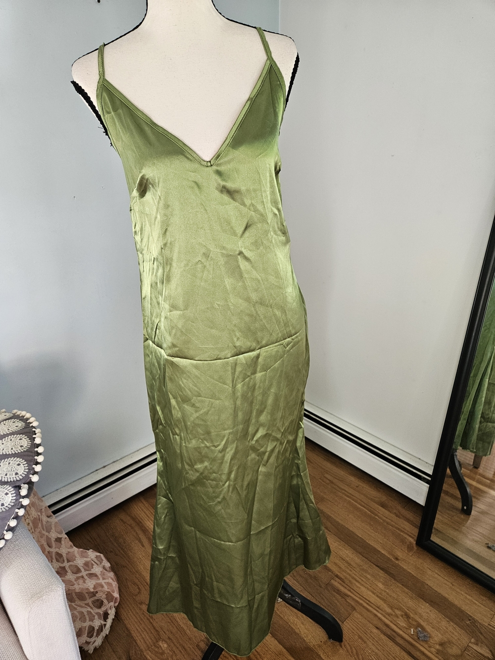 Olive Green Satin Slip Dress with Thin Straps - Women's Intimates